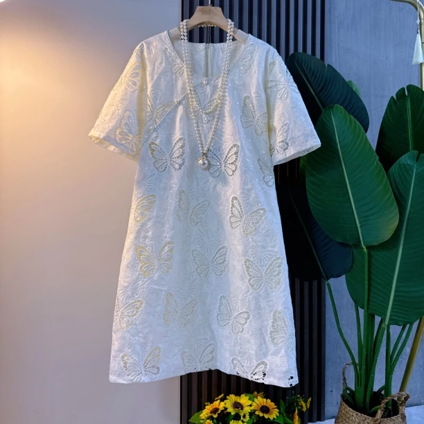 新中式夏季重工轻奢大码女装国风盘扣亮片蝴蝶镂空连衣裙优雅显瘦