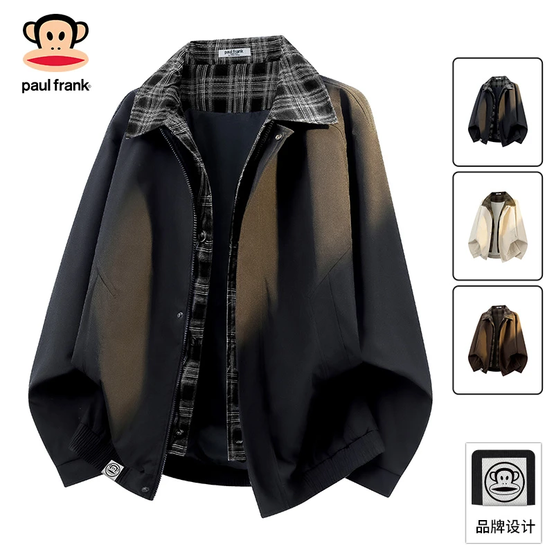PaulFrank/大嘴猴翻领格纹复古夹克男秋季新款休闲宽松假两件外套