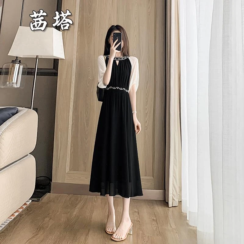 高级感法式黑色雪纺连衣裙女夏季2025新款收腰显瘦气质拼接a字裙