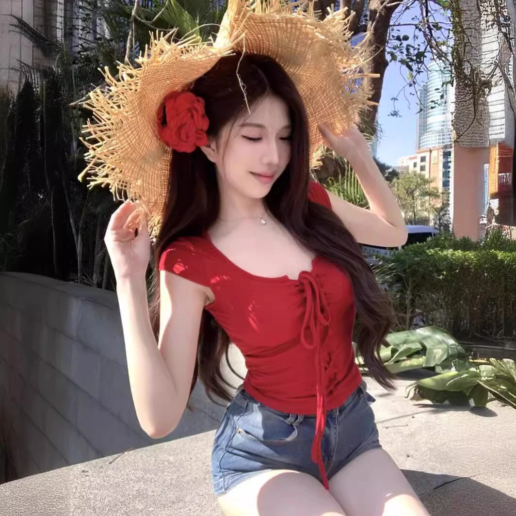 打底衫内搭夏季夏日短款甜辣低领多巴胺女装短袖红色上衣T恤新款