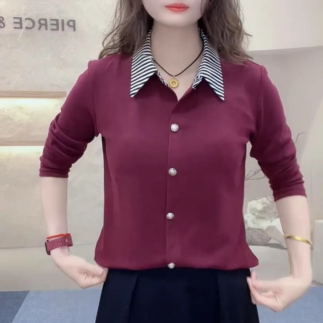 2025春季时尚洋气新品撞色简约纽扣潮流翻领百搭显瘦上衣妈妈装