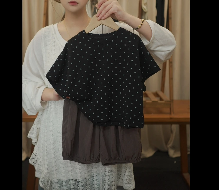 Y儿童夏季波点套装2025新款韩版落肩森系宝宝复古短袖裤子两件套