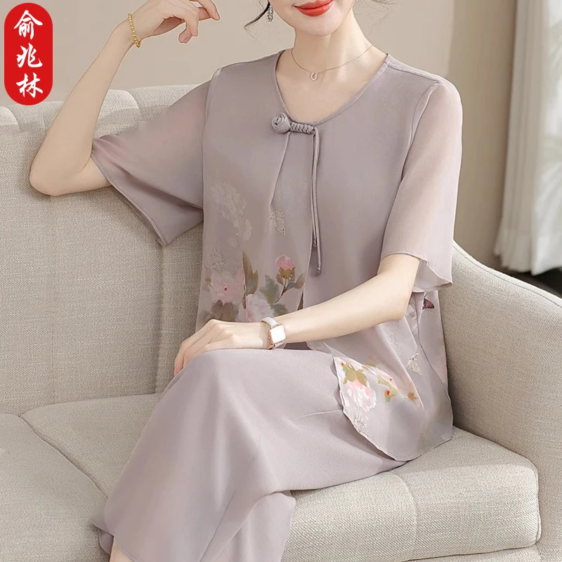 俞兆林妈妈夏装新中式雪纺套装气质薄款中老年女夏季短袖T恤上衣