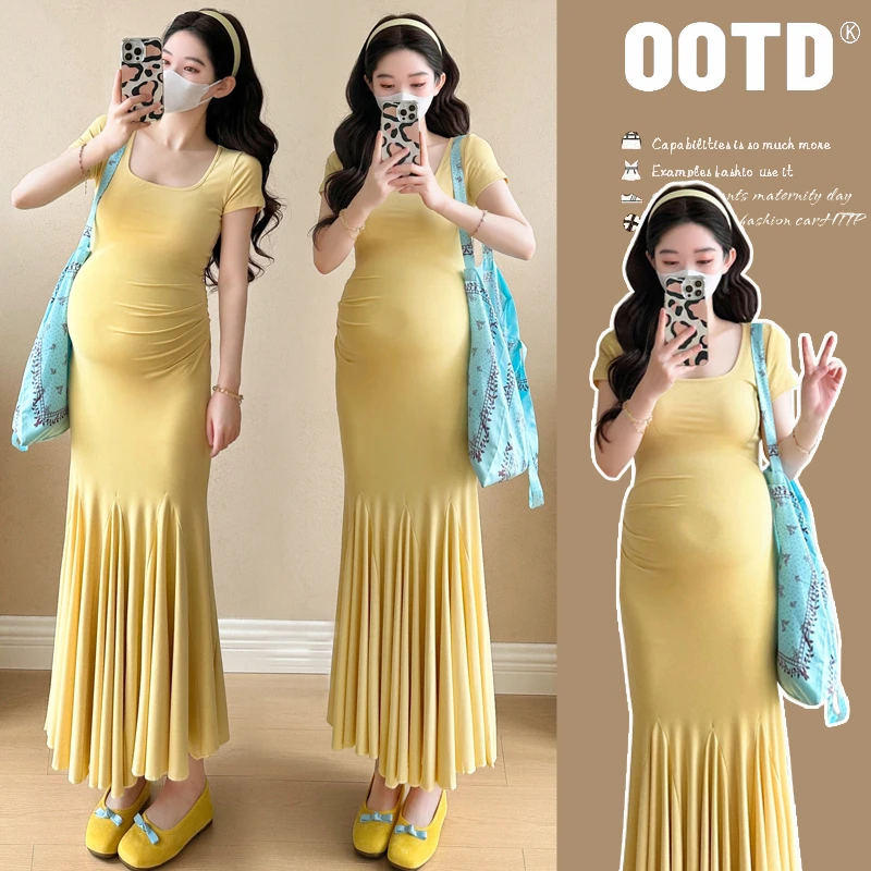 孕妇裙2025春夏新款鱼尾短袖修身长裙气质休闲显瘦百搭孕妇连衣裙