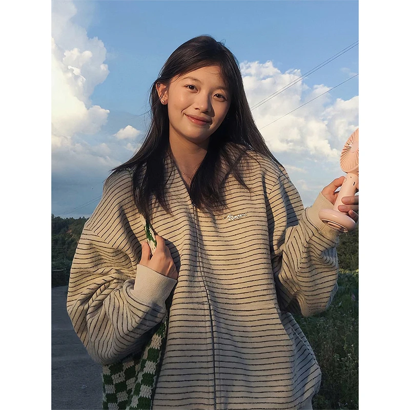 【风尚织迹】条纹连帽卫衣外套女秋季设计感拉链开衫宽松休闲上衣潮