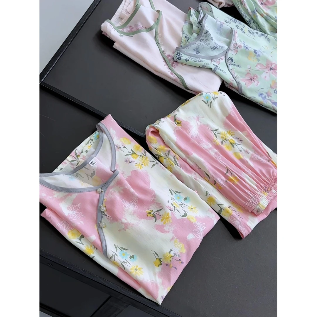 睡衣女春秋款绵绸新中式家居服可外穿国风款空调房棉绸套装夏大码