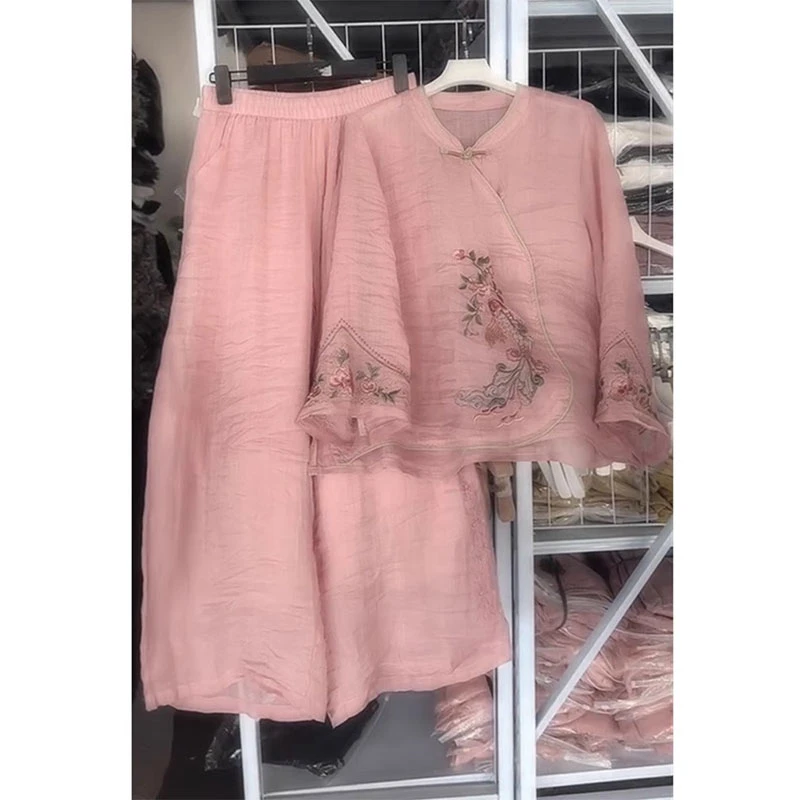 欧洲站2026春季新款新中式国风印花盘扣上衣松紧腰纯色休闲裤套装