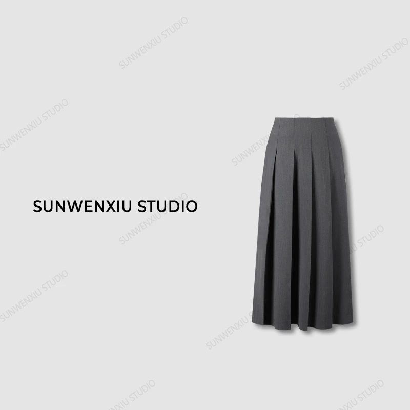 swx studio3店 “miu系女孩”高智感气质学院风灰色中长款百褶裙