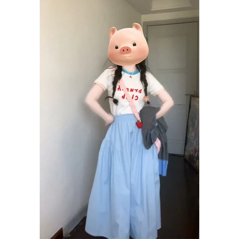 2025夏季新款韩系穿搭修身圆领印花T恤上衣气质高腰褶皱A字半身裙