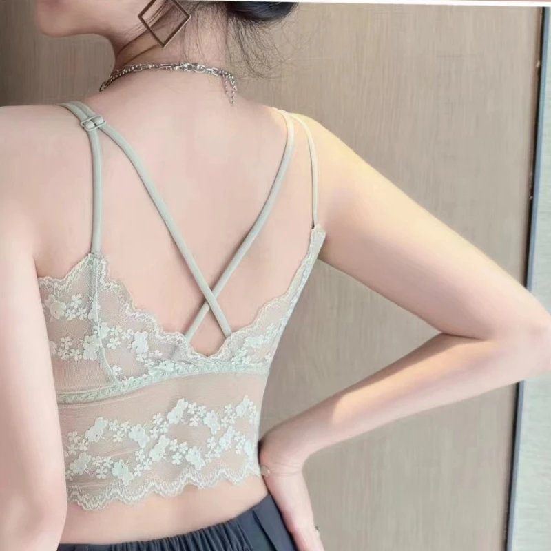 气质高级法式蕾丝美背性感吊带外穿带胸垫固定杯文胸聚拢内衣女x