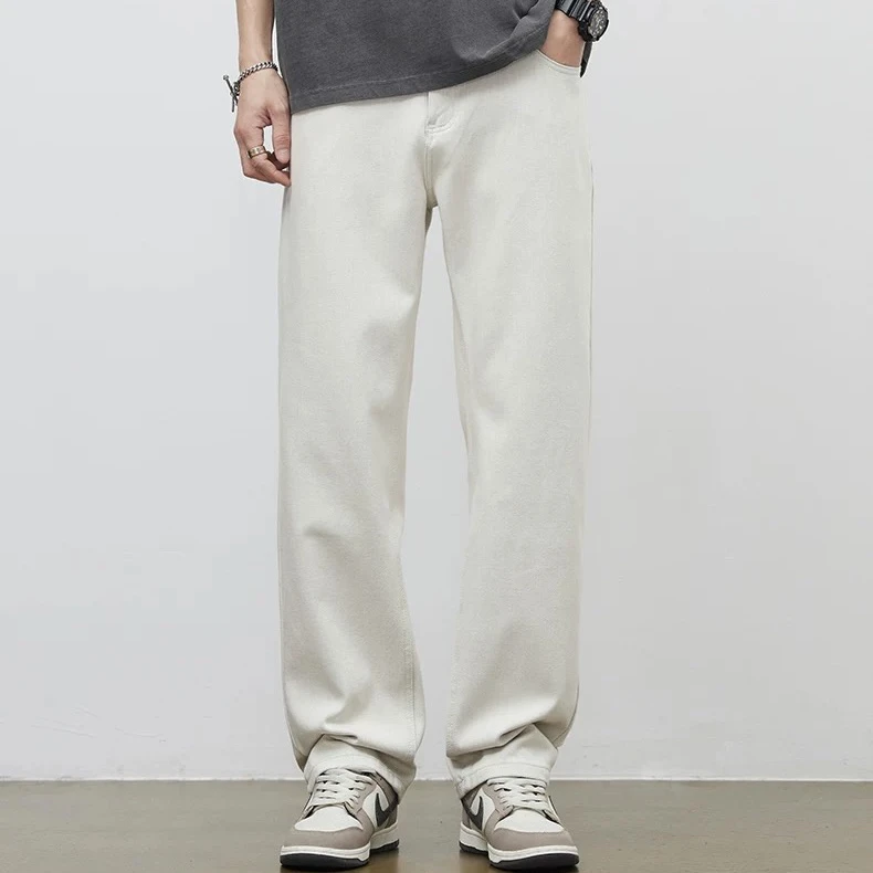 米白色牛仔裤男秋季美式复古潮牌休闲长裤cleanfit泼墨宽松直筒裤