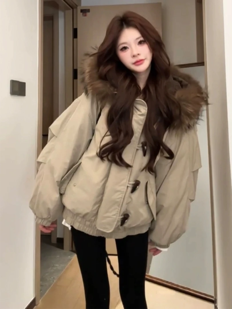 牛角扣大毛领连帽棉服外套女短款冬季韩系小个子加厚工装派克服