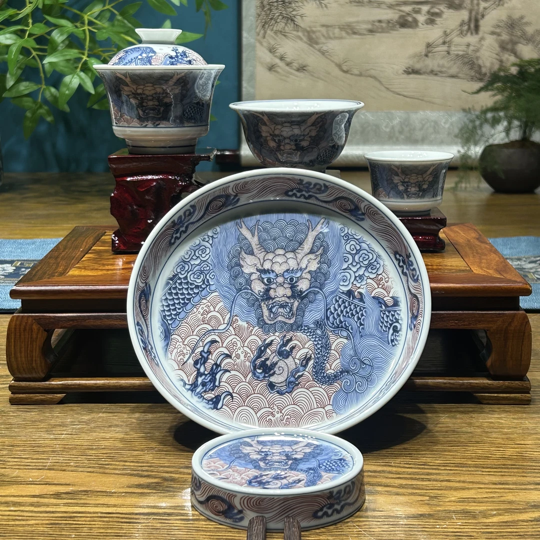 景德镇陶瓷仿古泥青花釉里红龙纹茶具套组整套茶器家用高端茶器