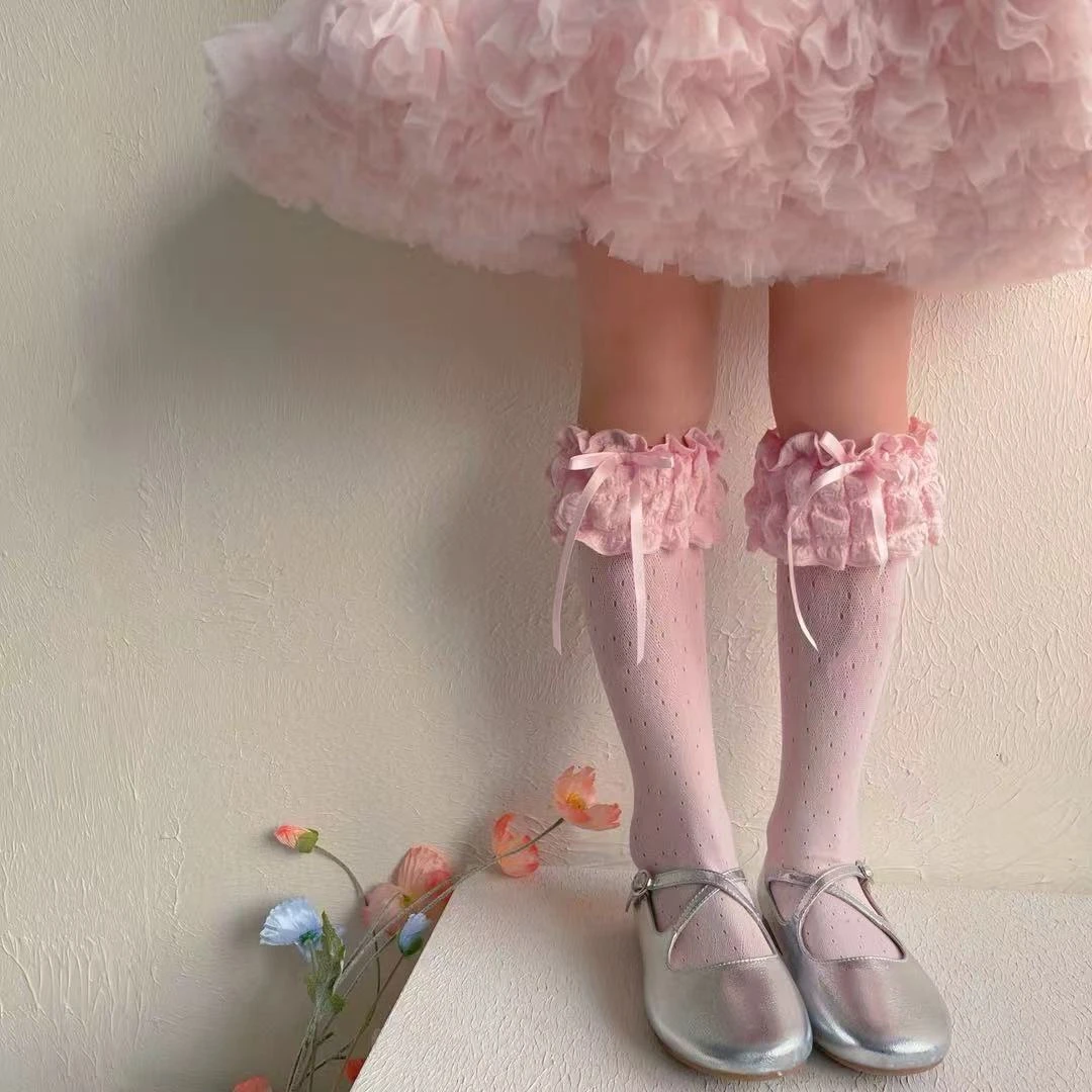 （全店满30包邮）洛丽塔女童夏季网眼薄款蕾丝花边儿童日系长筒袜
