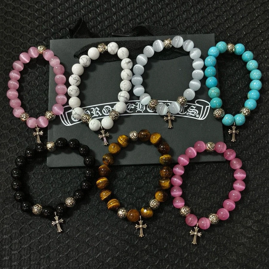 925银手链 克罗心手链潮流复古做旧串珠手串男女情侣款diy手链