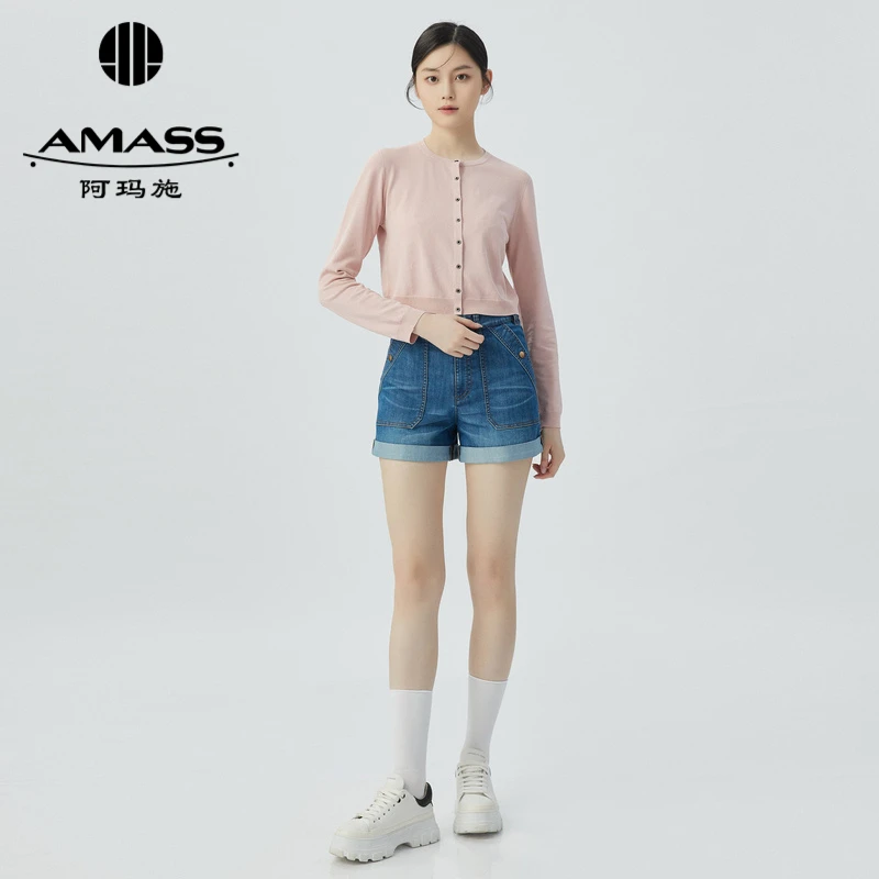 AMASS/阿玛施春夏新款简约百搭修身纯色经典圆领针织衫女5499102
