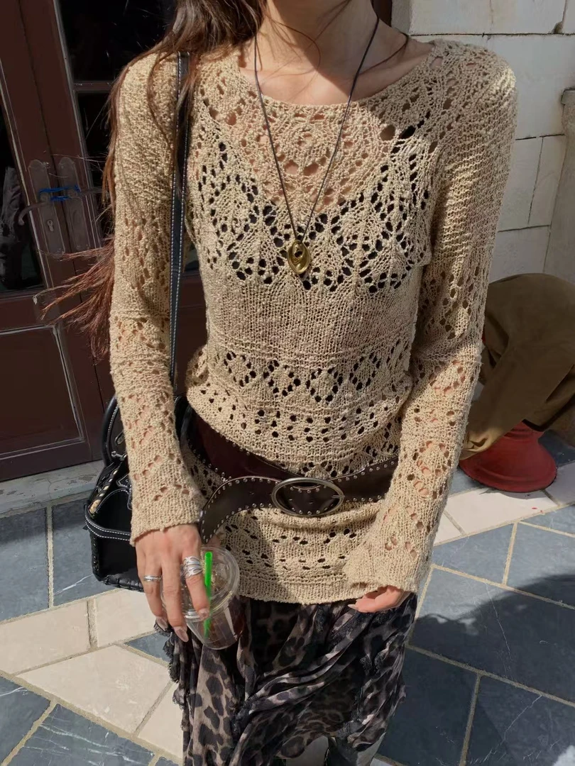 MAR 秋季新款高级感宽松防晒圆领长袖镂空针织衫毛衣女606225