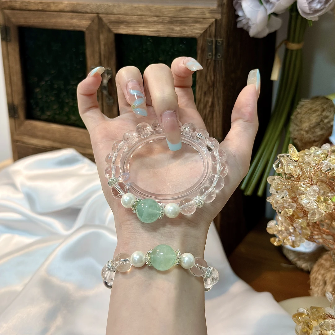 【清风明月】9mm白水晶+绿萤 手串原创设计天然水晶