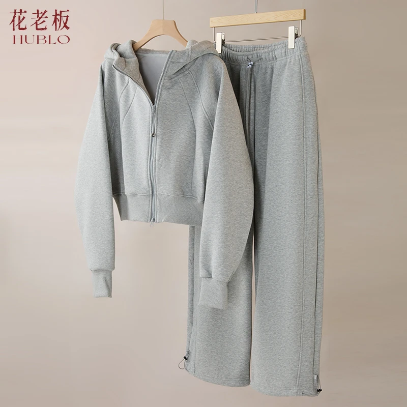 HUBLO花老板短款长裤套装女加绒连帽卫衣运动休闲两件套