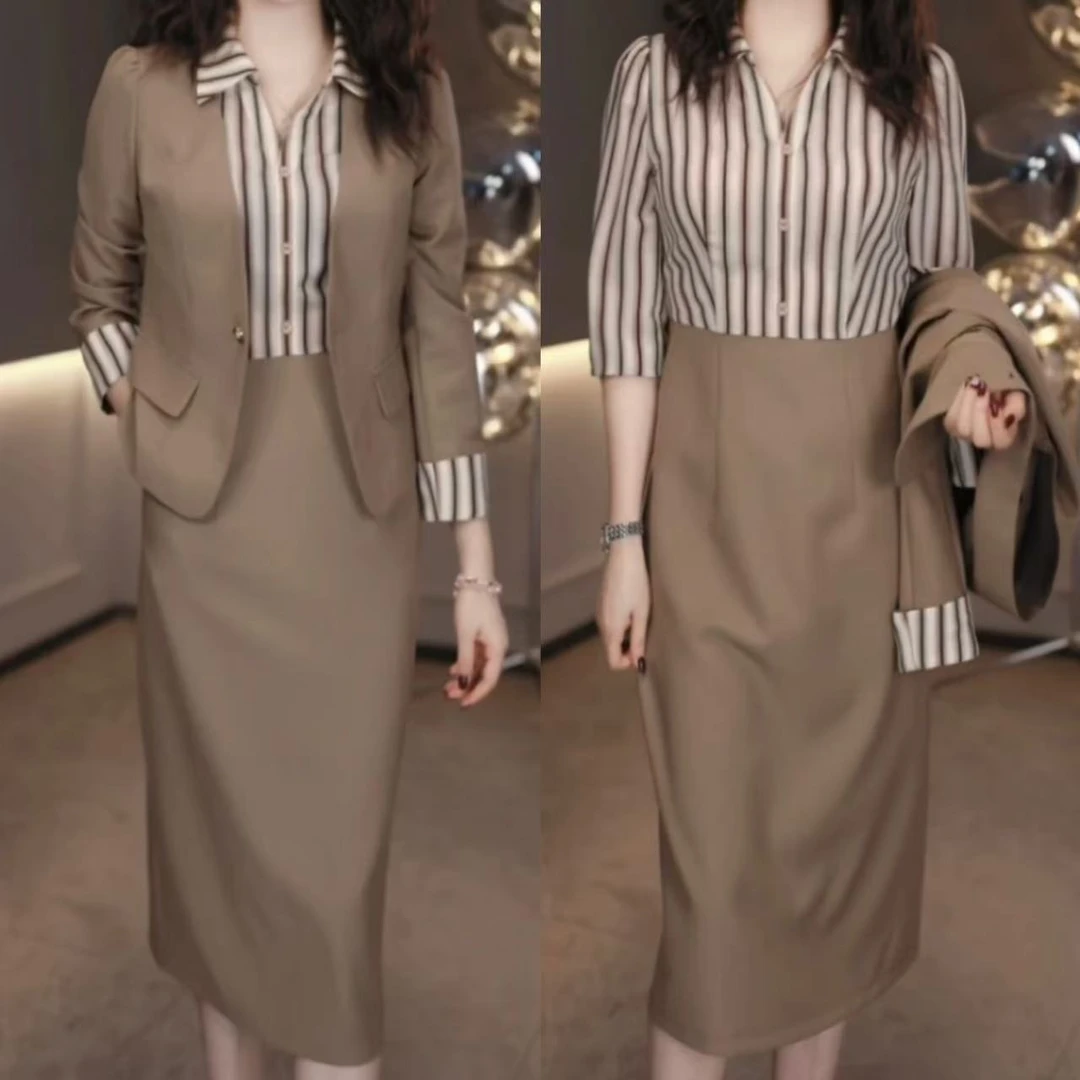 【吉遇优选】590#新款斜纹棉外套配长袖连衣裙气质小套装