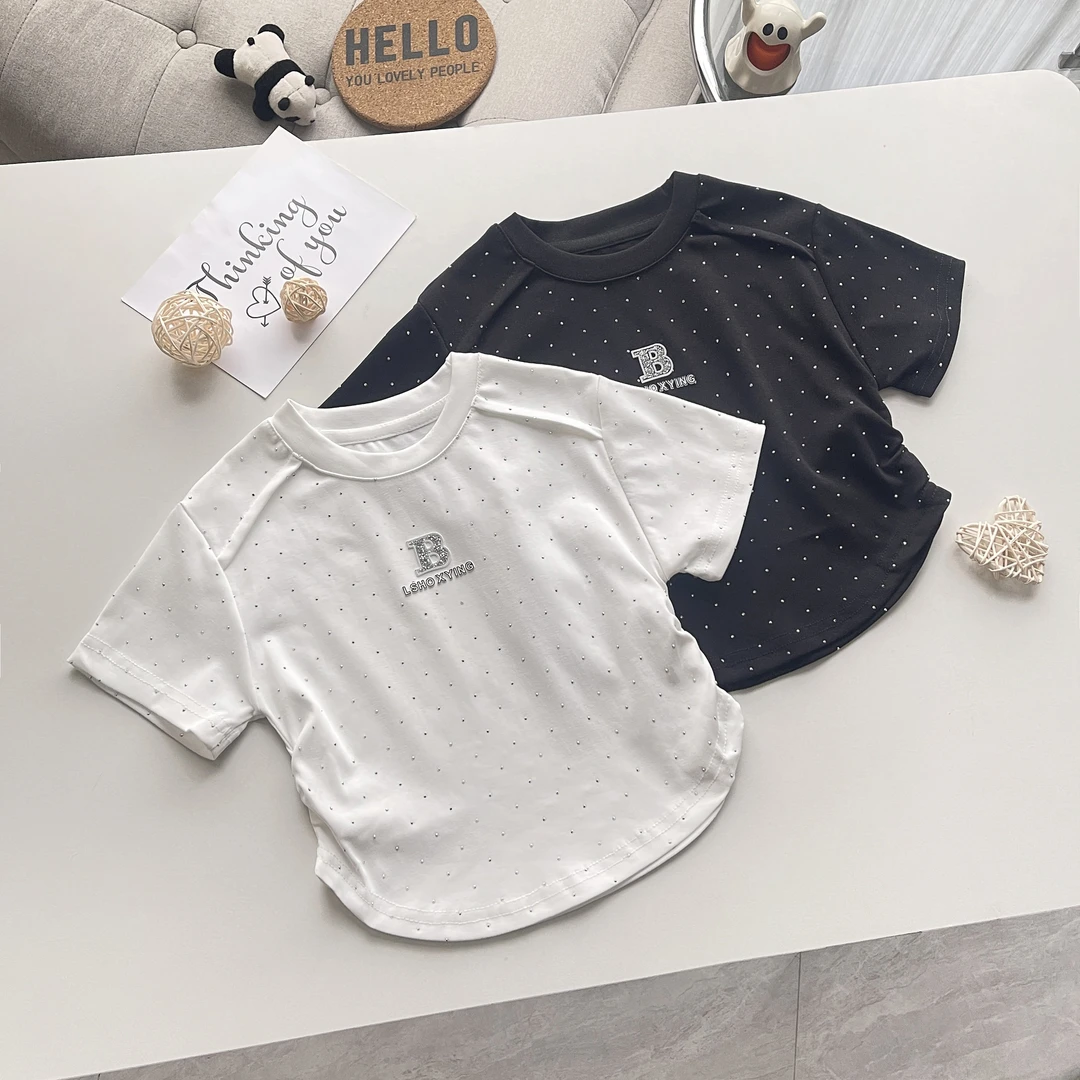 2025新款圆领夏装字母女童重工镶钻设计感短袖T恤时尚宽松上衣