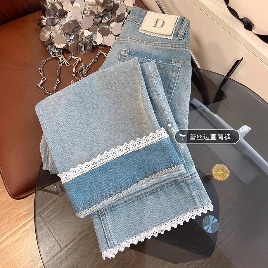 夏季新款拼接蕾丝花边九分直筒裤女梨形身材显瘦高腰弹力牛仔裤