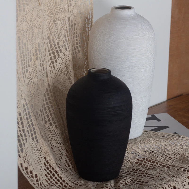 花瓶摆件客厅插花陶瓷高级感拉丝陶瓷花瓶落地新中式水培干花粗陶