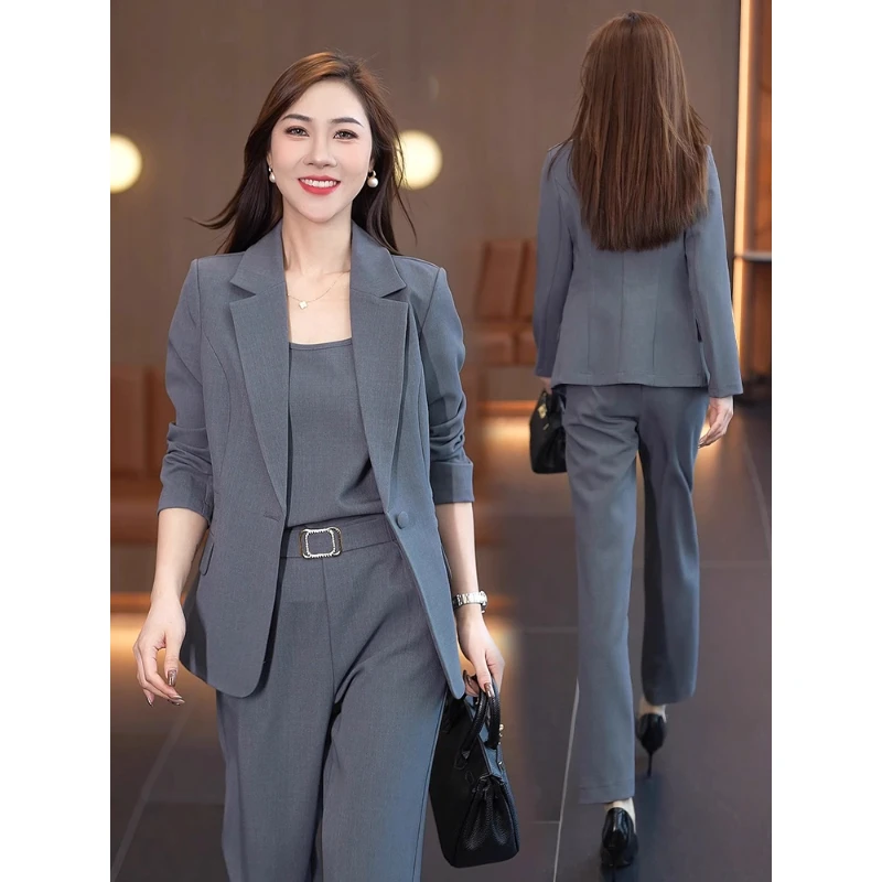 拉夏贝尔时尚套装女2025秋季新款洋气职业装西装外套直筒裤三件套