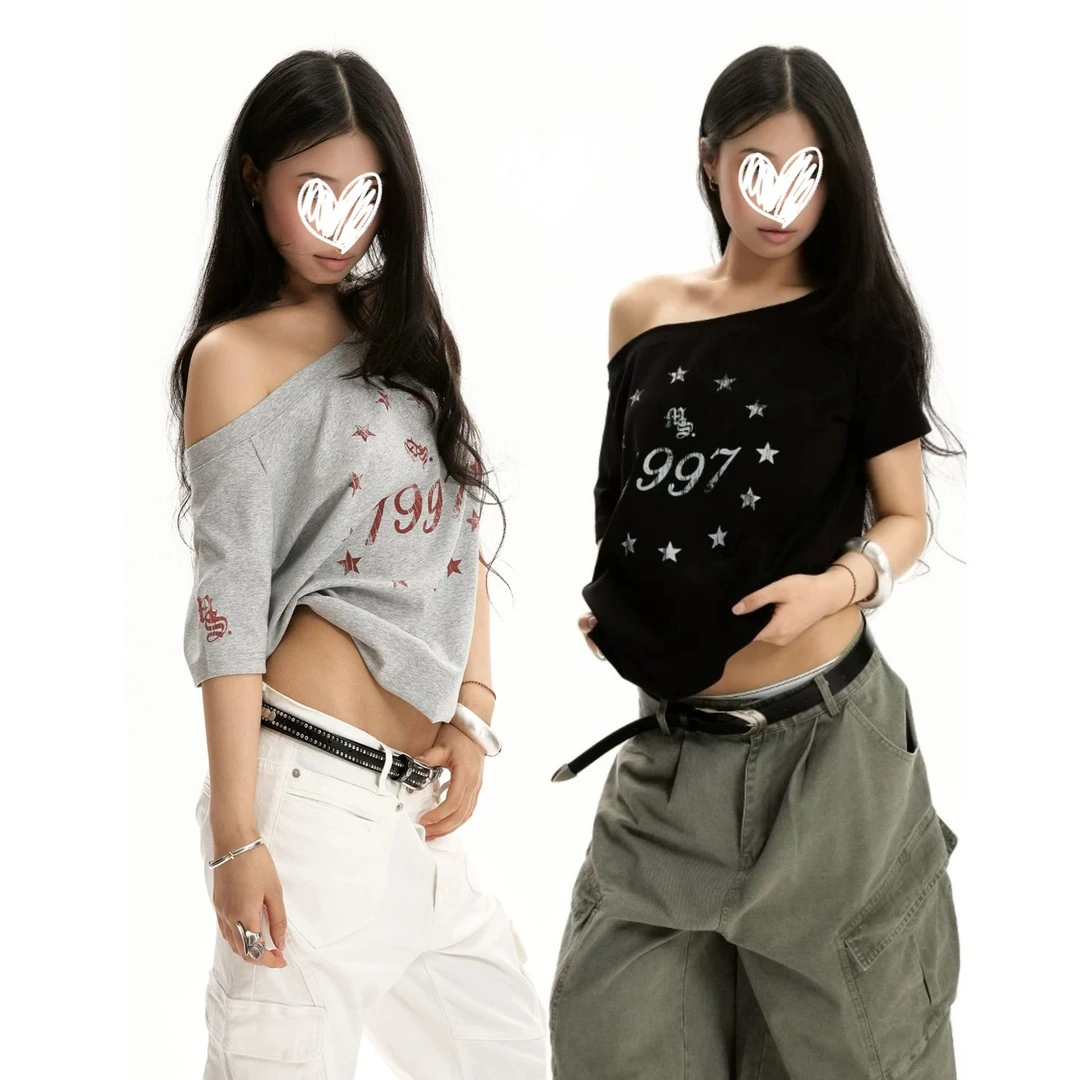 【正反两面穿】美式复古灰色黑色十字架斜肩上衣辣妹露肩短袖t恤夏