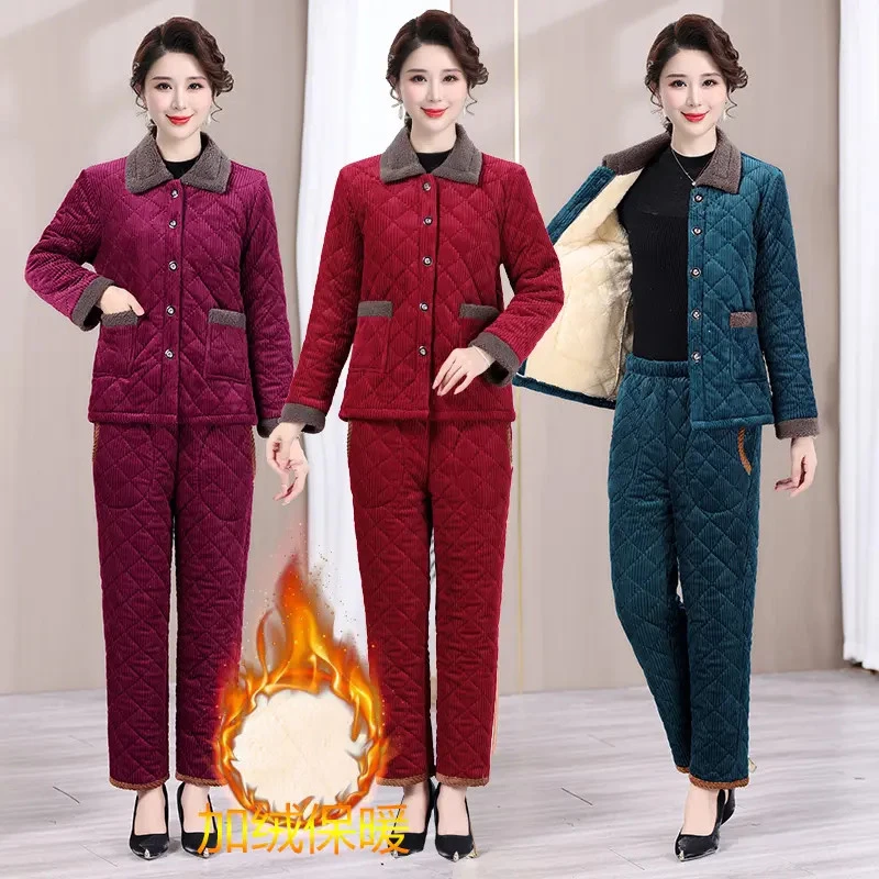 A0116中老年妈妈装加绒加厚灯芯绒套装保暖时尚外穿家居服冬睡衣