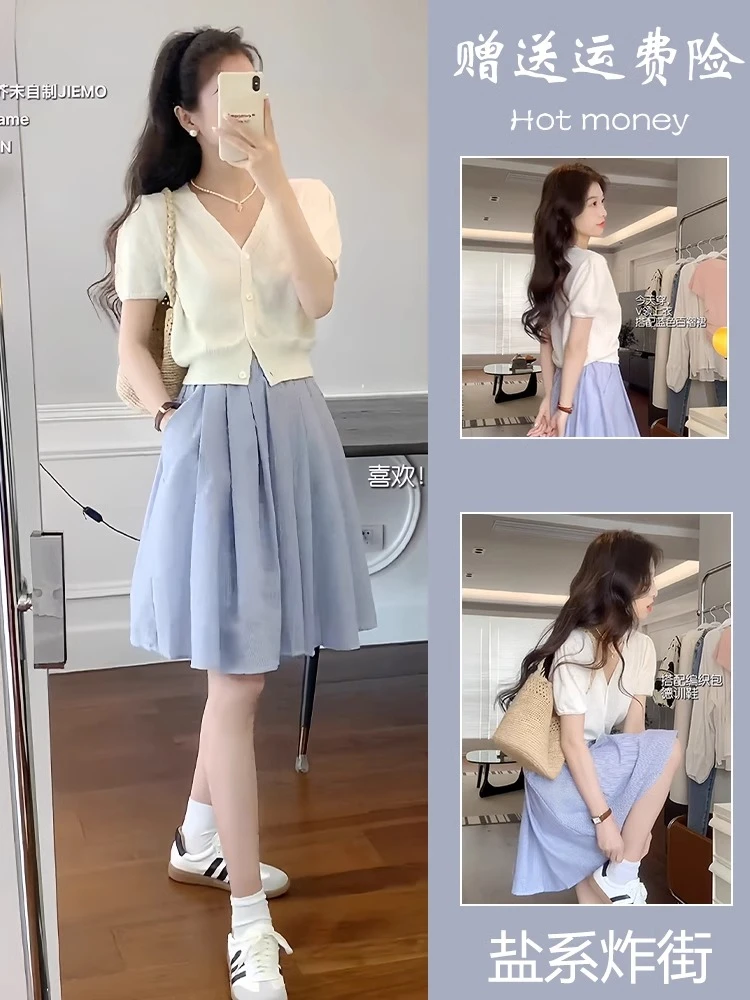 夏季搭配一整套2025新款小个子穿搭减龄气质上衣百褶裙两件套装女
