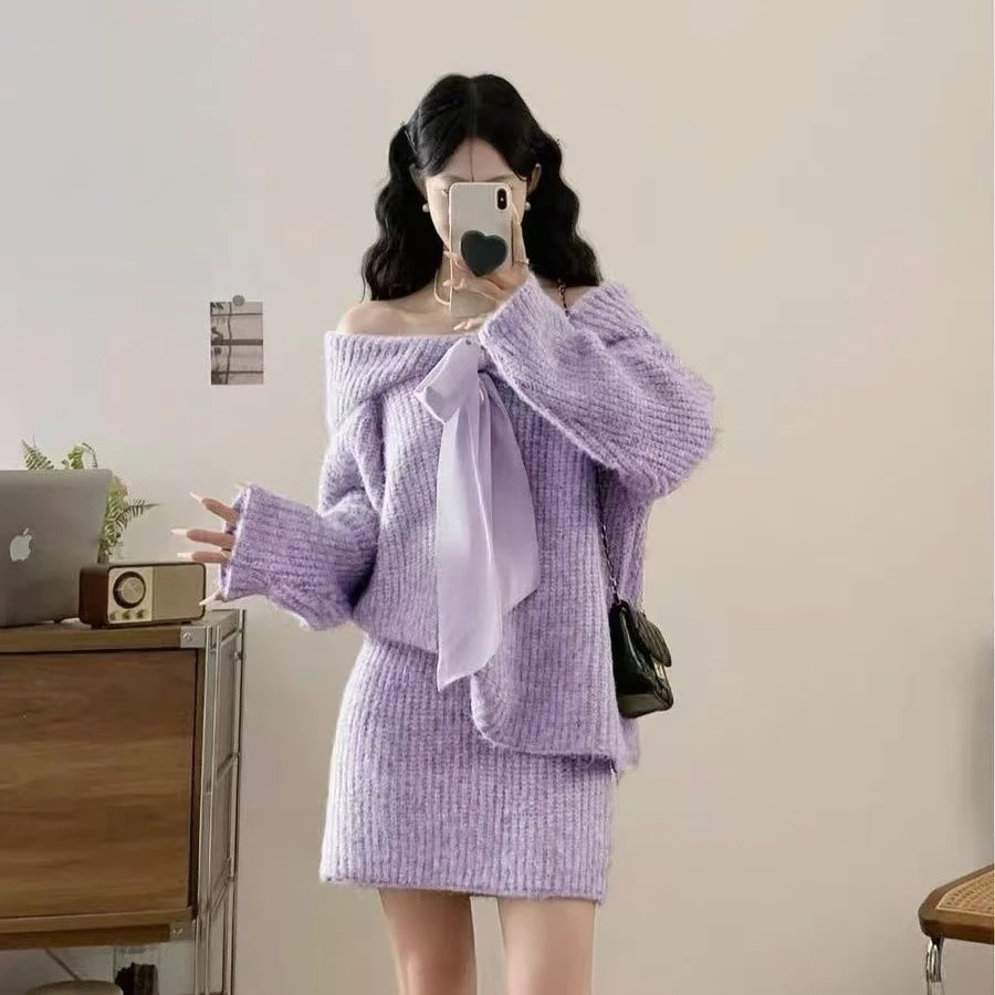 高级感紫色针织套装女秋冬季新款软糯蝴蝶结毛衣休闲半身裙两件套