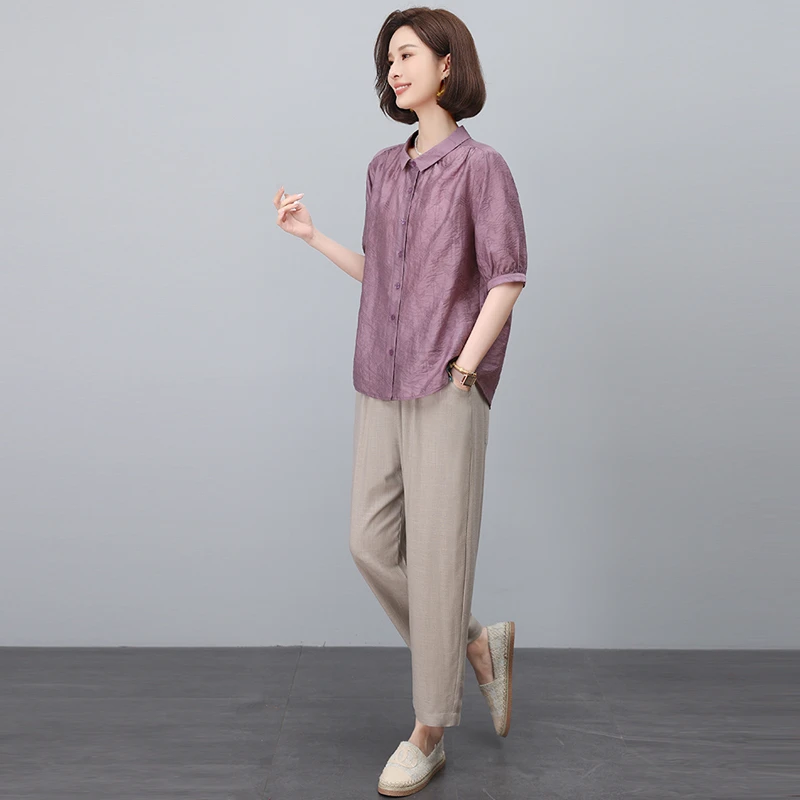 高端衬衫套装女中年妈妈2025年夏季新款减龄宽松显瘦阔腿裤两件套