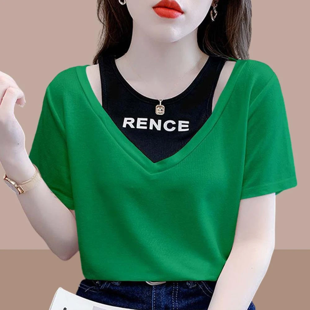 短袖t恤女夏季2025新款修身显瘦假两件时尚洋气时髦爆款女装上衣