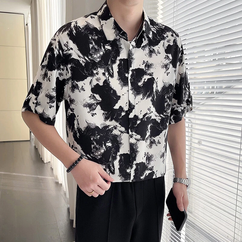 垂感花衬衫男士冰丝短袖薄款百搭宽松垂感免烫休闲衬衣夏季印花