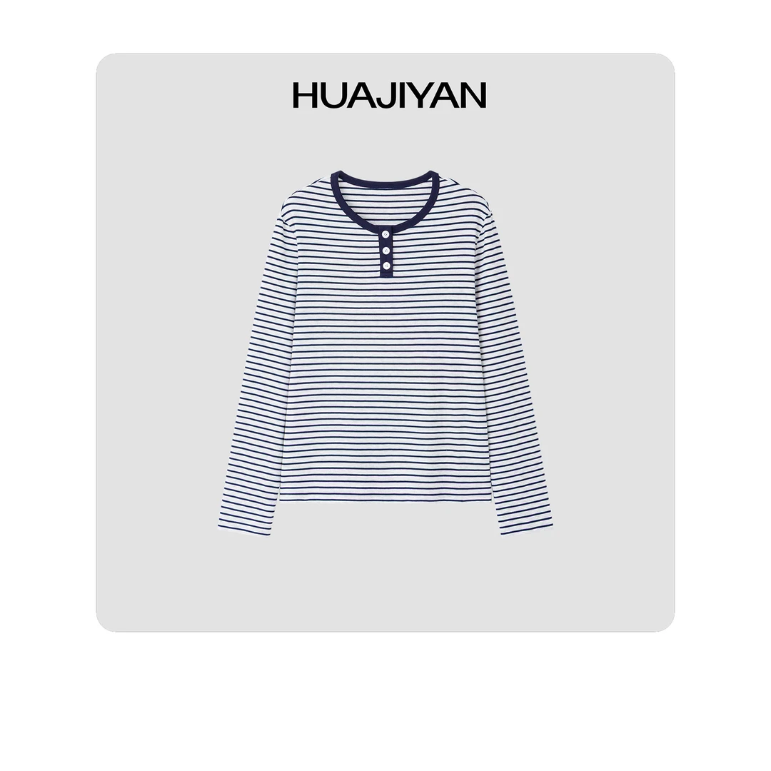 华吉言/HUAJIYAN【秋日集】天丝棉混纺经典百搭条纹圆领长袖上衣