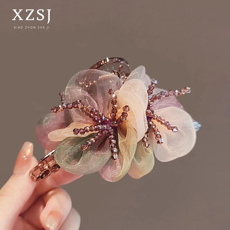 法式晕染梦幻紫色花朵抓夹女大号气质后脑勺鲨鱼夹盘发夹发卡头饰