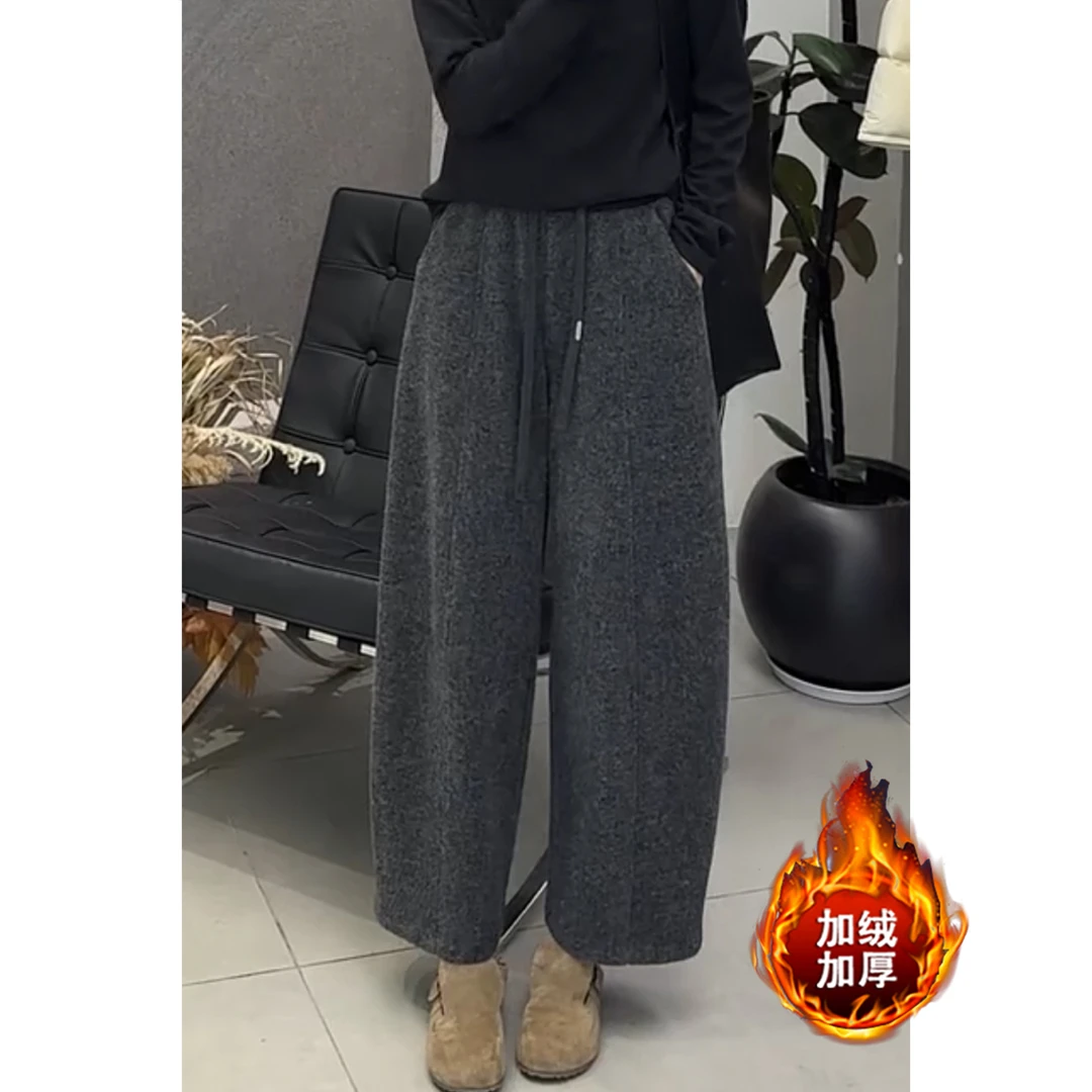 松紧腰显瘦休闲裤子加绒加厚阔腿裤百搭保暖直筒裤梨形身材呢子裤