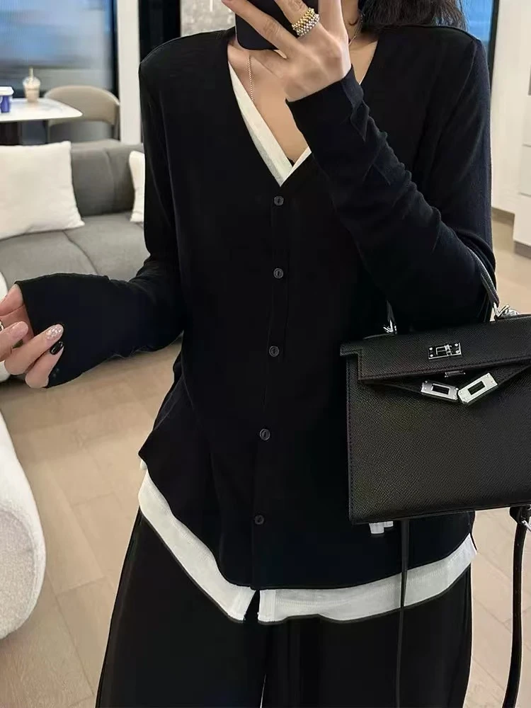 静姐 欧货假两件撞色长袖百搭拼接针织上衣7778