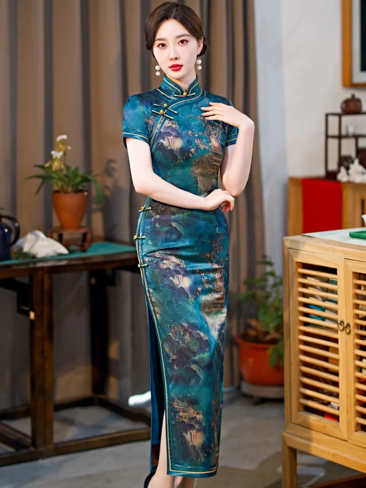 8828-老上海长旗袍2025年新款女中国风复古民国性感素雅走秀演出