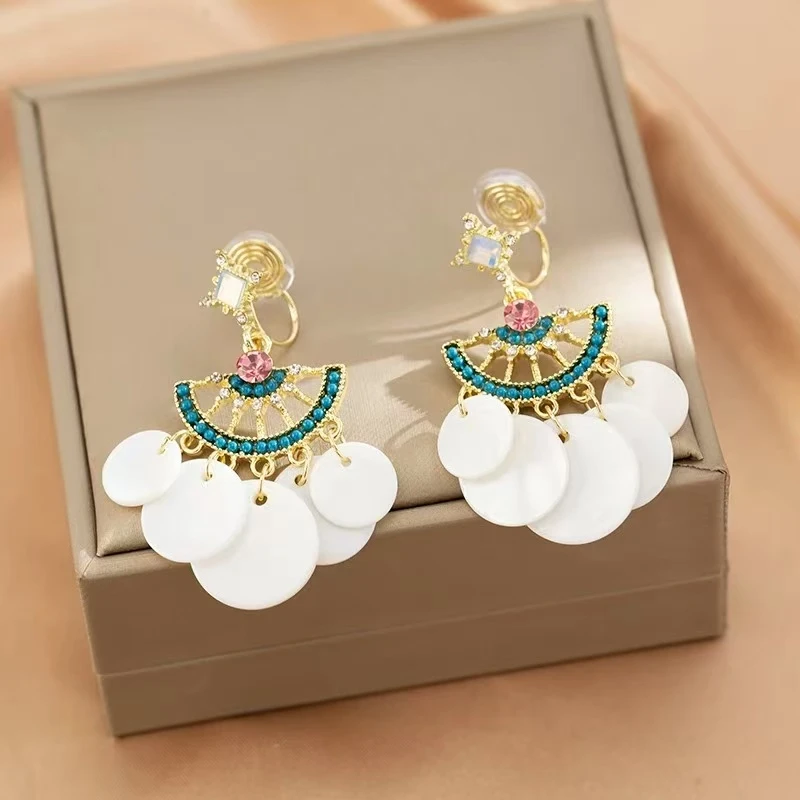 铜合金耳饰 【8026】民族风贝壳圆片扇形耳环蓝色锆石气质度假旅行