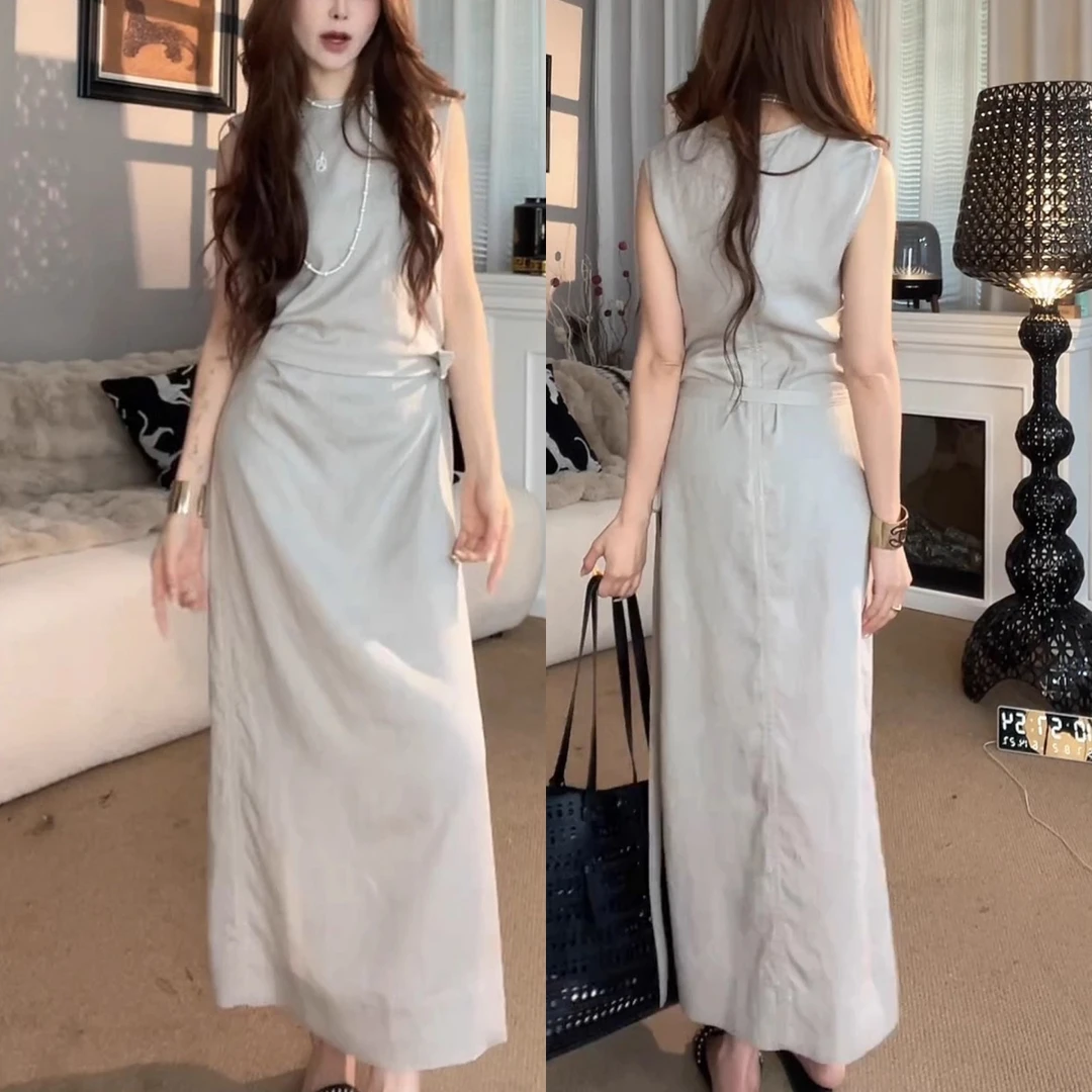 夏季新款法式复古通勤风收腰绑带无袖连衣裙休闲气质宽松中长裙女