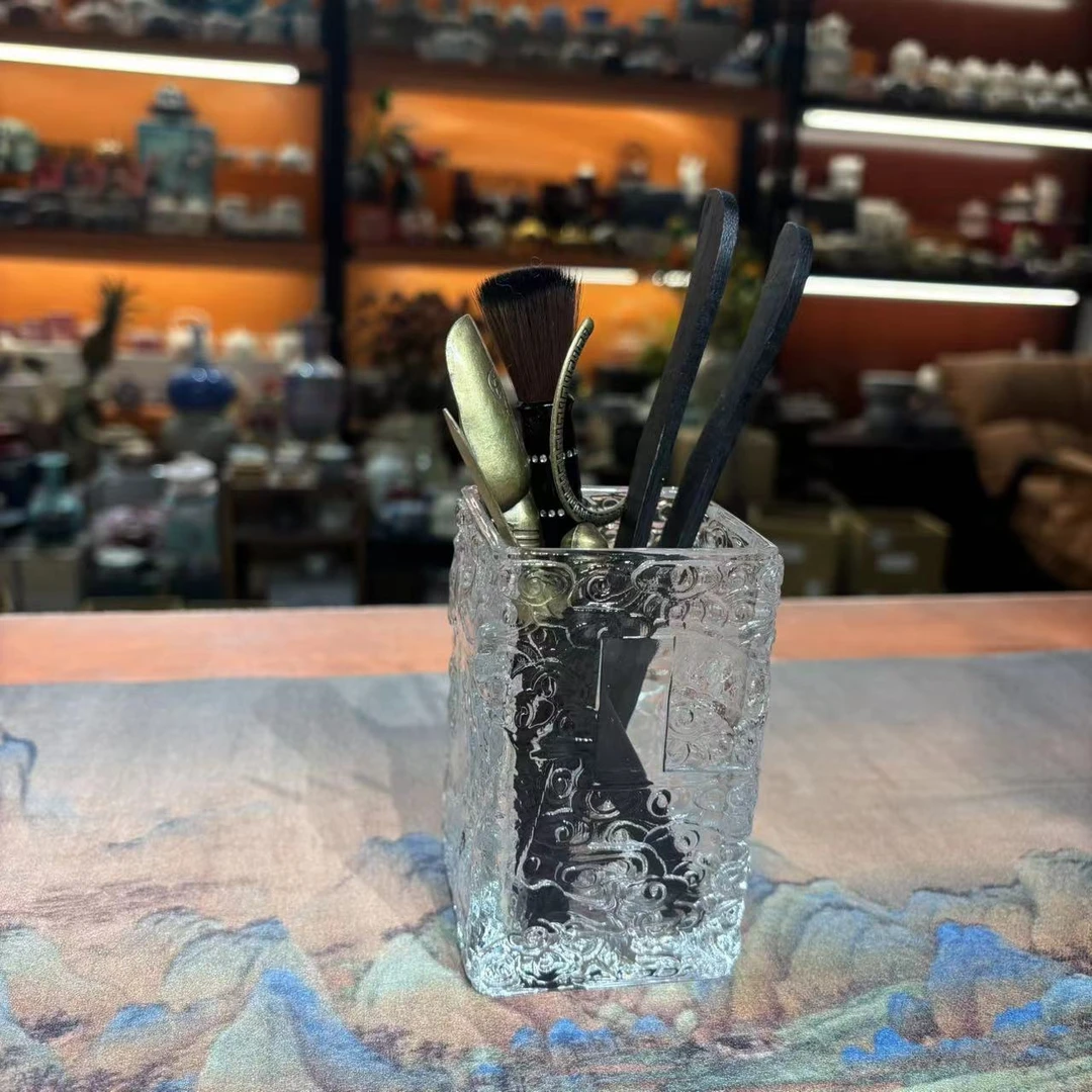 玲珑 透明锤纹玻璃四方茶道桶茶道六君子茶具配件-1907（直播专享）