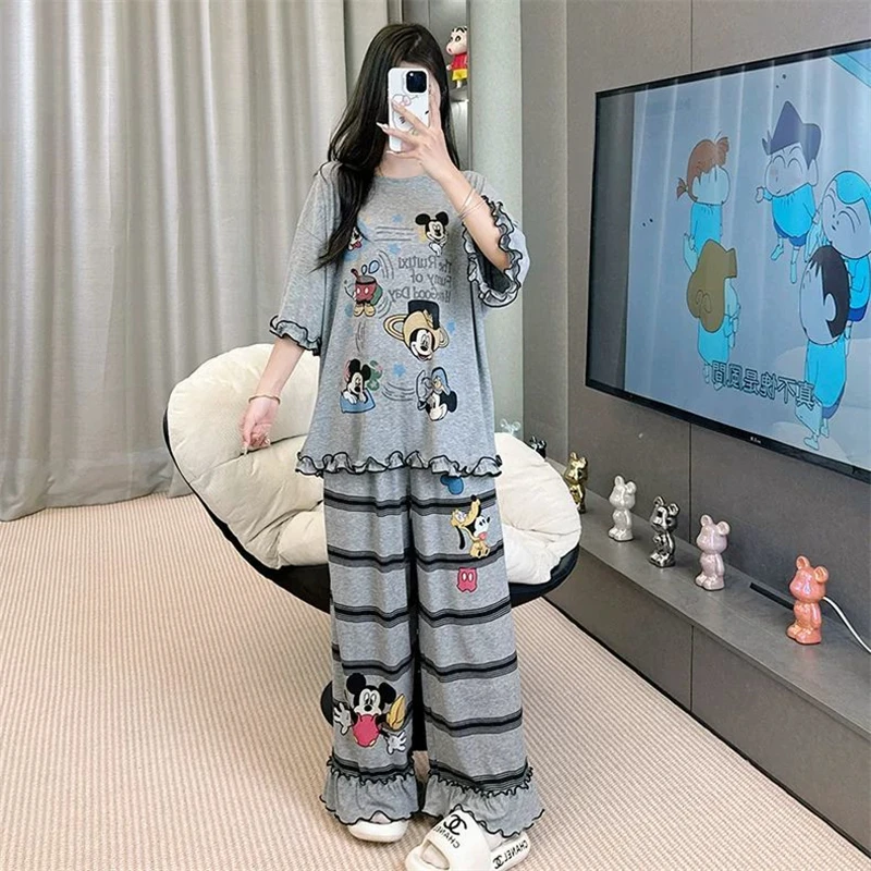 大码300斤胖mm宽松可外穿睡衣女2025夏季卡通条纹短袖长裤两件套