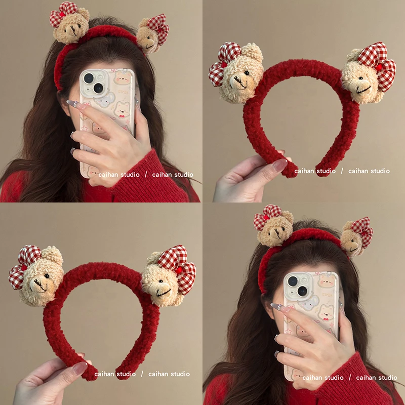 新年之约~毛绒绒小熊发箍蝴蝶结压发头箍可爱高颅顶旅行发饰