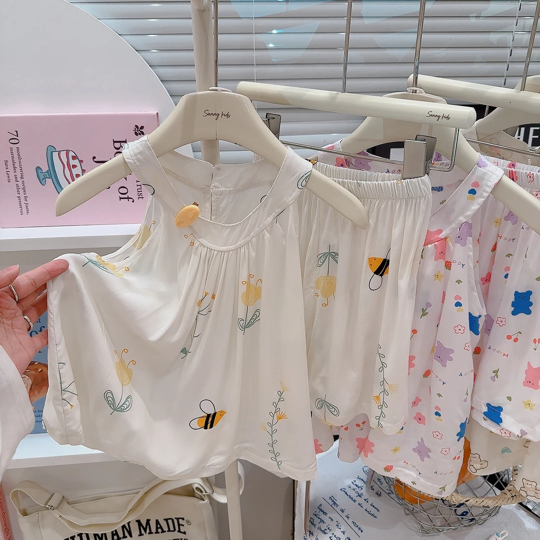 儿童棉绸无袖套装甜美少女夏季凉爽新款吊带洋气两件套W