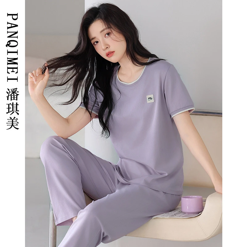 2025新款睡衣女士夏季短袖纯棉可外穿简约紫色运动家居服薄款长裤