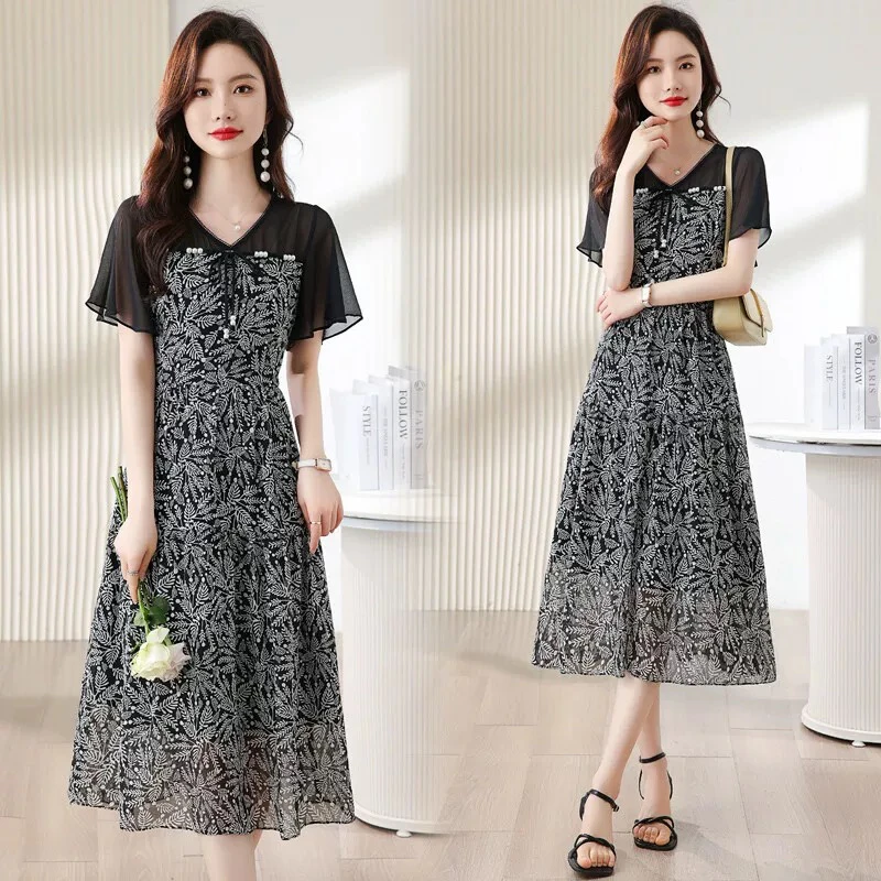 B2375显瘦雪纺印花连衣裙