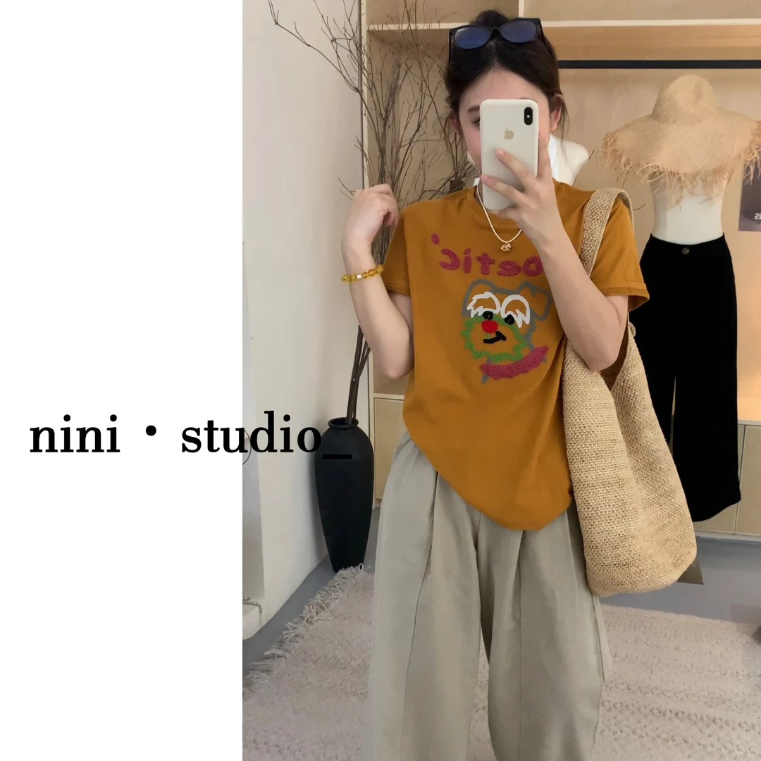 nini·刺绣纳瑞犬重工韩系ins风短袖T恤