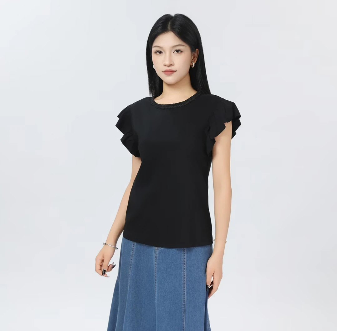 AMAS【专柜阿玛家】商场同款夏新款修身圆领荷叶边短袖T恤女530047